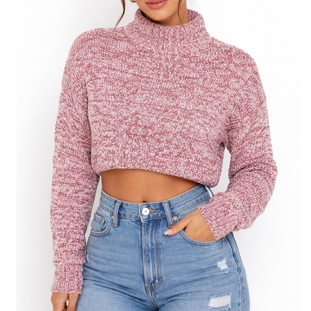 Blush Blood Marled Knit Cropped Turtleneck Sweater Cozy Soft Minimal Women Large
